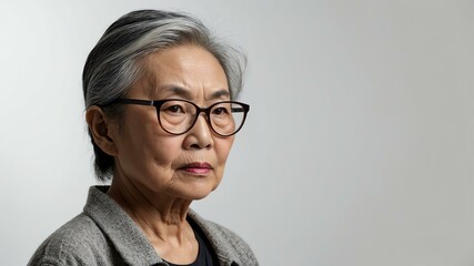 Wall Mural - elderly asian female in casual wear on white background model portrait looking serious for ad concept space for text