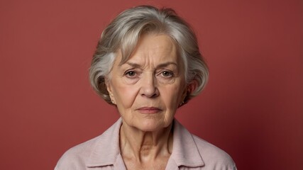 Wall Mural - elderly american female in casual wear on pastel color background model portrait looking serious for ad concept space for text