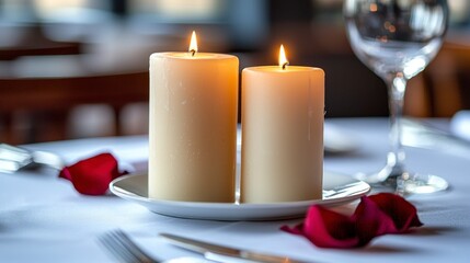 Wall Mural - Lit candles on table w/ petals, blurry restaurant