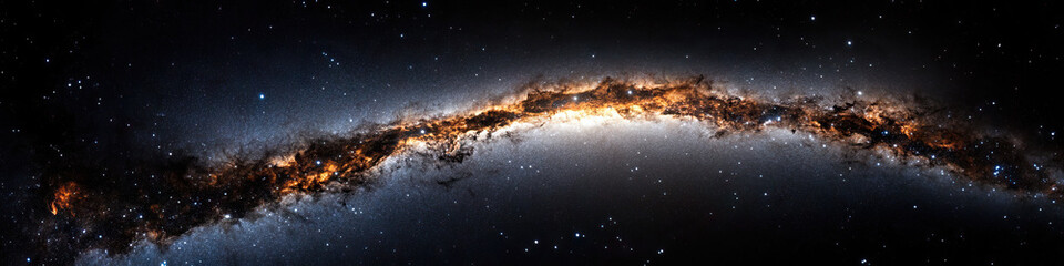 Wall Mural - Panoramic View of a Curved Galaxy with Orange and Grey Nebulae