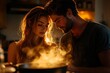 © Aurora Blaze - Couple cooking together in warm kitchen light