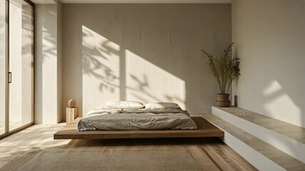 Poster - Serene Minimalist Bedroom with Wooden Platform Bed, Soft Bedding, Natural Light, and Calming Plant Decor for Tranquil Interior Design Experience