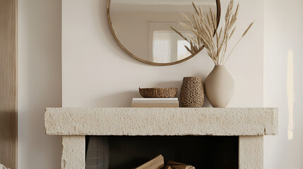 Wall Mural - Neutral-toned living room mantelpiece decor.  Elegant and minimalist style with natural materials and textures.