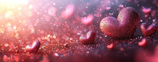 Wall Mural - glowing translucent pink hearts surrounded by sparkling bokeh lights on a dreamy pastel background g