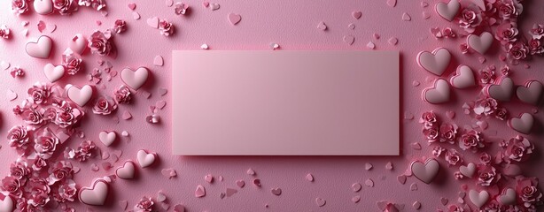 Wall Mural - Pink hearts and paper roses scattered around a blank pink card on a textured pastel pink background Generative AI