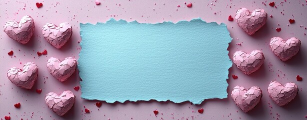 Wall Mural - Textured pink hearts and small red hearts scattered on a pastel background with a torn blue paper centerpiece Generative AI