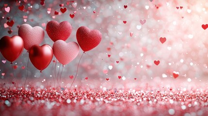 Wall Mural - heart-shaped red and pink balloons with glitter details surrounded by sparkling confetti on a pastel