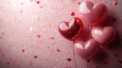 Wall Mural - heart-shaped red and pink balloons with glitter details surrounded by sparkling confetti on a pastel