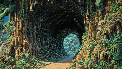 Wall Mural - enchanted forest path leading through a natural archway with lush greenery and vibrant foliage