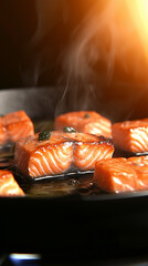 Wall Mural - A beautifully plated salmon steak with crispy edges, garnished with asparagus and roasted potatoes,