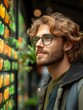 © Siti - Young man with curly hair and glasses looking at a display.