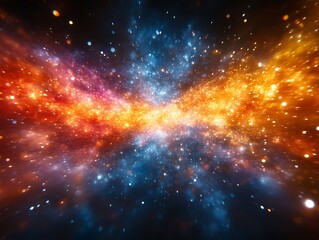 abstract cosmic nebula with vibrant colors and glowing particles.