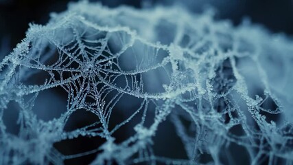 Delicate frosty spider web glimmering in morning light