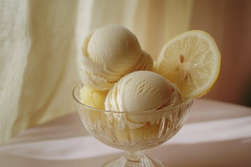 Sticker - A glass bowl filled with three scoops of creamy lemon ice cream