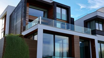Aufkleber - Modern architecture design of stylish residential house featuring large glass windows and balcony, showcasing contemporary aesthetics with sleek lines and blend of materials.