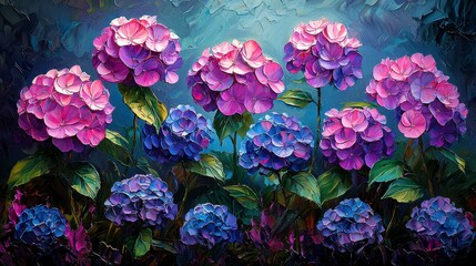 Wall Mural - Vibrant pink and purple hydrangeas in full bloom, depicted in an impasto painting style against a dark blue background.