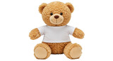 A plush teddy bear with a light brown fur on white background the teddy bear is sitting upright has a round head with two small black eyes and a brown nose wearing a white t-shirt