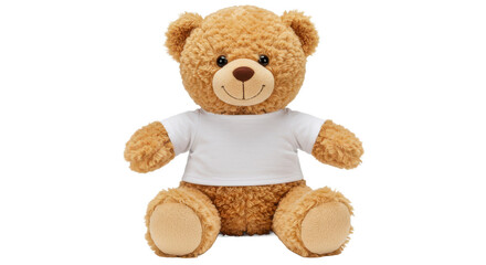 A plush teddy bear with a light brown fur on white background the teddy bear is sitting upright has a round head with two small black eyes and a brown nose wearing a white t-shirt