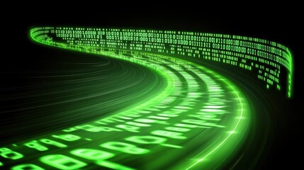 Wall Mural - green binary code flowing in a digital landscape with motion effect