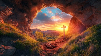 Wall Mural - Serene Sunrise View from Cave Opening with Wooden Cross Silhouette