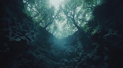 Wall Mural - Misty Forest Canopy Above a Deep Rocky Crevice with Dramatic Light