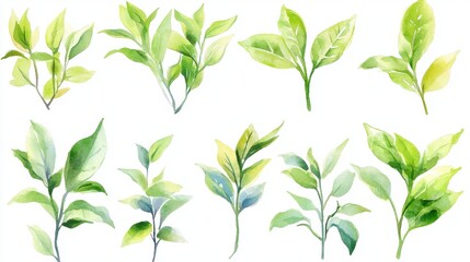 Wall Mural - Fresh Green Leaves Collection with Watercolor Style Illustrations