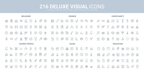 World religions, calendar of fasting and holiday in Islam, Christianity church and holy Bible line icon set. School education, science research and idea thin black outline symbols vector illustration
