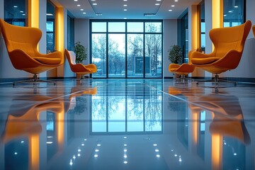 Poster - A modern lobby with orange chairs and a large window