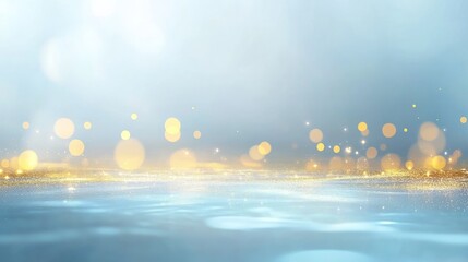 Golden bokeh lights against soft blue background, luxurious and magical, abstract and vibrant, festive and elegant, ethereal and soft, high detail reflections