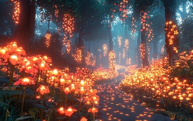 Poster - Glowing flowers illuminate a magical forest path.