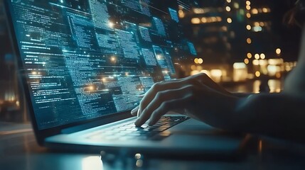 A person's hands are shown typing code on a laptop at night, with a blurred city background.