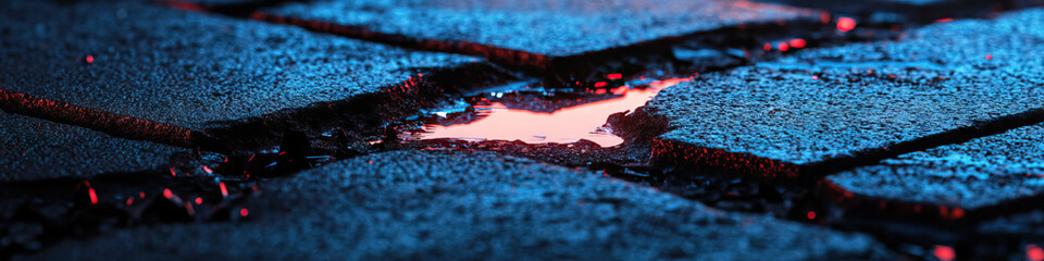 Wall Mural - Cracked Pavement with Puddle and Red Reflection