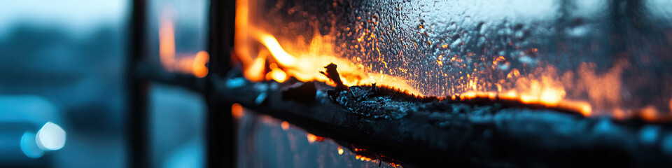 Wall Mural - Fire Burning on Metal Frame Viewed Through Wet Glass