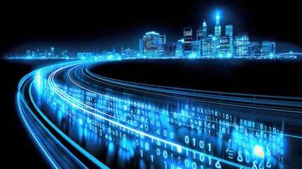 Futuristic Cityscape Highway with Binary Code Digital Technology and Urban Development Concept