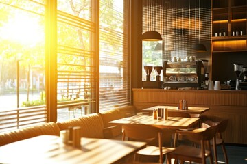 Sticker - A cozy restaurant interior with sunlight streaming in through the windows, perfect for capturing the warmth and comfort of a meal out