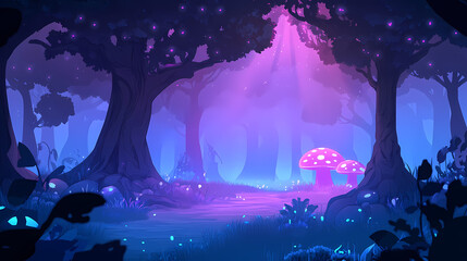 Poster - A misty forest with glowing mushrooms and ancient trees, nature, fungi. Ancient Forest. Illustration