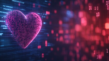 Digital heart with glowing binary code symbols depicting technology and data concept