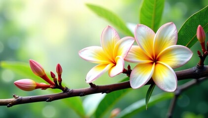 Wall Mural - Frangipani flowers in a natural environment with branches and leaves on white background, jungle, branch, flower