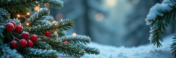 Wall Mural - Sparkling garland on fresh spruce branches with frosted berries and icicles, evergreen, frosty, forest