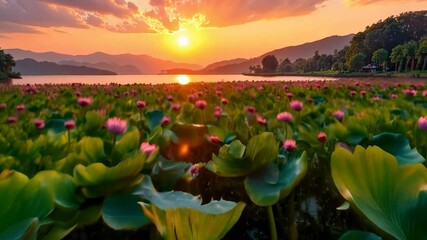 Aufkleber - A field of pink lotus flowers stretches across a lake at sunset with mountains in the background. Concept of natural beauty.