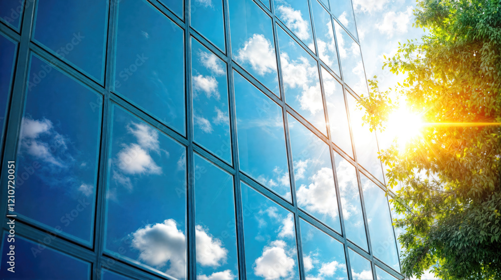 Modern glass office building facade reflecting blue sky and white ...
