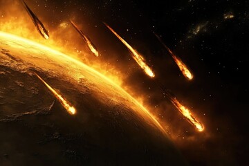 Wall Mural - a group of rockets flying through the atmosphere of a distant planet, with a landscape of mountains 