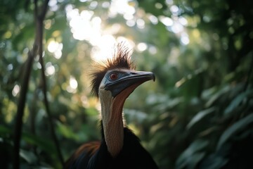 A regal bird with striking plumage stands alert amidst a lush, sun-dappled jungle, its vivid eye gleaming with curiosity.