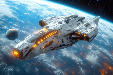 Wall Mural - a spaceship flies over the earth, with a planet visible in the background