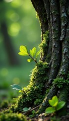 tree trunk with tiny branch covered in lichen, greenery, tree