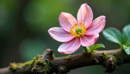 Wall Mural - Delicate petals of wood anemone unfolding around decaying branch, branch, anemone