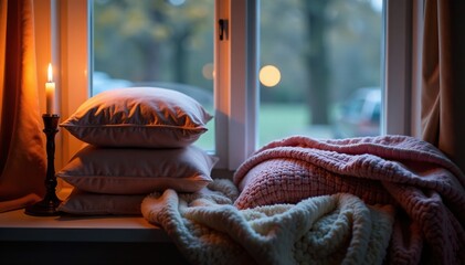 Wall Mural - a pile of pillows and soft blankets on a windowsill, illuminated by a warm candle flame, textiles, c