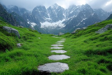 Wall Mural - A path winds through a lush green meadow, with majestic mountains visible in the distance