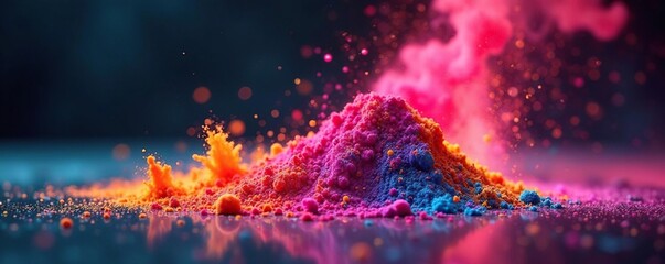 Wall Mural - Colorful particles float in air above the powder, bright, vivid, shining