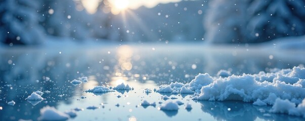 Wall Mural - softly falling snowflakes gently fall on frozen lake surface, calm, nature, serenity